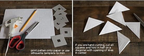 Bước 1. In mẫu lên trên giấy hoặc sử dụng hình mẫu bóng để cắt. Nếu bạn cắt bằng tay hãy cắt tất cả các hình vuông và gấp đôi thành hình tam giác như trên hình hướng dẫn.