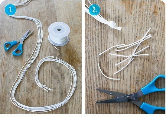 Bước 1 Đầu tiên chúng ta cắt lấy 8 sợi dây dù có độ dài khoảng 65cm, sau đó kết các sợi lại với nhau  bằng một nút thắt như ở hình số 2. Cắt đoạn dây thừa cho bằng nhau.