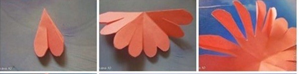Bước 2. Bạn dùng kéo cắt theo những đường vẽ đó, cắt thêm 1 đường sâu thêm vào phần trong của giấy. Tiếp theo bạn mở những cánh hoa ra dùng kéo vuốt những chiếc cánh nhỏ sao cho chúng thêm phần mềm mại.