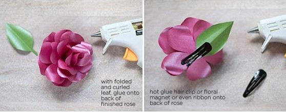  Bước 10. Gắn chiếc lá vào bông hoa hồng sau đó bạn gắn chiếc kẹp tóc hoặc chiếc ghim cài áo vào là xong rồi.