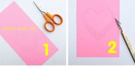 Bước 2. Bạn vẽ hoặc in hình trái tim lên trên giấy màu như ở hình 1. Sau đó dùng dao dọc giấy  dọc theo các đường vẽ theo hình 2.