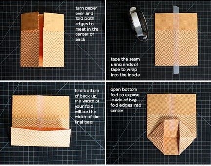 Bước 2. Bạn lật giấy gấp hai cạnh mép giấy để gặp nhau ở giữa lưng, tiếp đó dùng băng dính, dính hai mép giấy lại.
Gấp phần dưới cảu giấy lên phần có băng dính để tạo đáy cho túi như hình hướng dẫn trên.