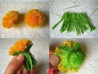 Bước 2. Bạn dùng kéo cắt các đứt các đầu sợi len để cho búi len bông lên thành hình bông hoa cúc. Cắt lấy 5cm các đoạn len màu xanh, dùng kim đã xỏ chỉ xiên các sợi len lại khoảng 2/3 đoạn len như trên hình. Tiếp theo bạn kéo léo buộc đoạn len xanh lên phần cuống của bông hoa cúc, dùng sợi len cùng màu quấn buộc thật chặt sao cho các sợi len ôm khít vào phần cuống của bông hoa cúc. Cắt phần len thừa đi, dùng keo nến gắn lại như trên hình.
