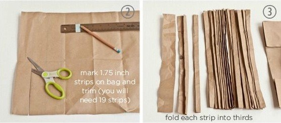 Bước 2. Bạn gỡ những nếp gấp của chiếc túi giấy ra sau đó dùng thước kẻ đánh dấu các dải 4.5cm. Cắt các dải giấy rời ra sau đó gấp từng dải giấy thành 3 phần bằng nhau.