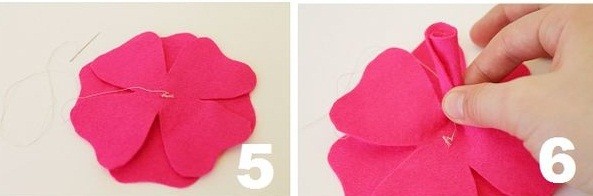 Bước 3. Dùng kim chỉ khâu 2 bông hoa lại ở giữa. Sau đó bạn lấy 1 cánh hoa xoắn lại theo hình hướng dẫn số 6.