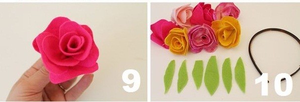 Bước 5. Tương tự bạn làm tiếp với các bông hoa khác, vậy là bạn đã làm xong bông hoa hồng bằng vải nỉ rồi. Để trang trí thêm cho bông hoa hồng bạn cắt lấy một vài chiếc lá bằng vải nỉ màu xanh, chuẩn bị thêm 1 chiếc xược tóc.