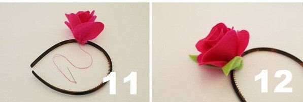 Bước 6. Lần lượt bạn dùng kim chỉ buộc tùng bông hoa lên chiếc xước tóc. Dùng súng bắn keo gắn thêm cho mỗi bông hoa 2 chiếc lá. Vậy là bạn đã làm được chiếc xược tóc có gắn bông hoa hồng làm bằng vải nỉ rồi. Rất dễ đúng không nào. 
Chúc các bạn làm được nhiều chiếc xược tóc có gắn hoa hồng bằng vải nỉ nhé.