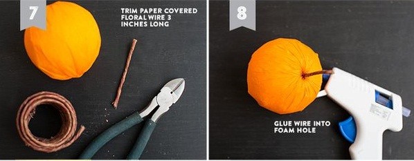 Bước 4. Cắt lấy 1 đoạn dây kẽm dài 7cm xiên vào để làm cuống cho quả cam.