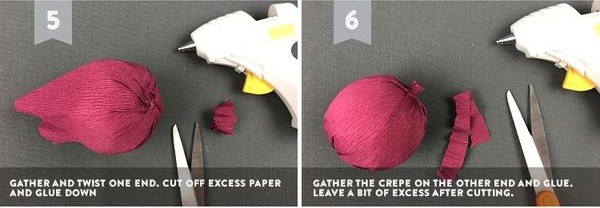 Bước 3. Cho quả cầu xốp vào giữa rồi bọc kín lại, dùng kéo cắt phần giấy thừa đi. Tiếp tục bạn vuốt cho phần giấy dưới ôm sát quả cầu và xoắn chặt phần giấy thừa lại.