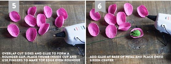 Bước 3. Bạn dùng súng bắn keo gắn 2 mép của cánh hoa lại sau đó ghép cánh hoa đầu tiền vào phần nhụy hoa như trên hình số 6.