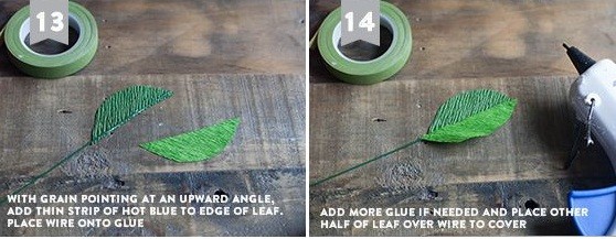 Bước 7. Với que thép làm cành lá bạn dùng keo nóng dán 1 nửa của chiếc lá màu xanh đậm vào giữa để tạo gân lá sau đó dán tiếp phần màu xanh nhạt của chiếc lá còn lại.