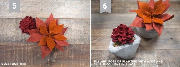 Bước 3. Bạn dính các cánh hoa chồng lên nhau tạo thành 1 cây sen đá, sau đó bán gắn chúng lên 1 chiếc chậu đá nhỏ xinh. Vậy là bạn đã hoàn thành xong cây sen đá bằng vải dạ rồi. Chúc các bạn thành công nhé.