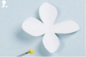 Bước 3. Lấy một que nhỏ chấm lấy 1 ít keo sữa chấm vào phần giữa của bông hoa sau đó bạn đặt hình tròn nhỏ màu vàng lên để làm nhụy cho bông hoa.