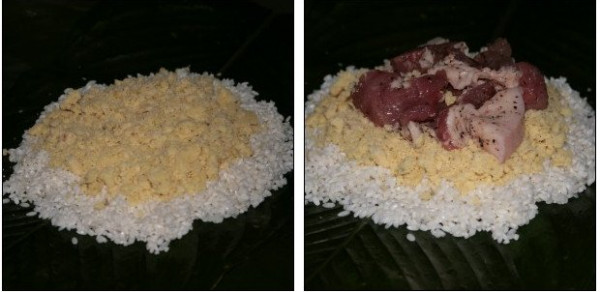 Tiếp đó đặt nắm đỗ xanh lên trên phần gạo , trên cùng là thịt ba chỉ đã ướp trước đó khoảng 2-3 miếng tùy gia đình thích ăn đậm vị thịt béo ngậy hay vừa phải.