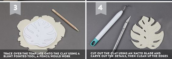 Dùng bút chì vẽ khắc họa tạo hình cho chiếc lá, vách để an toàn bạn có thể in ra 1 tờ giấy hình chiếc lá rồi khắc theo hình đó trên nền đất sét là bạn có sản phẩm như hình rồi