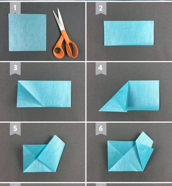 Tờ giấy hình vuông gấp làm đôi
Gấp chéo góc vuông của tờ giấy lại cứ gấp chéo góc vuông như vậy cho đến hết