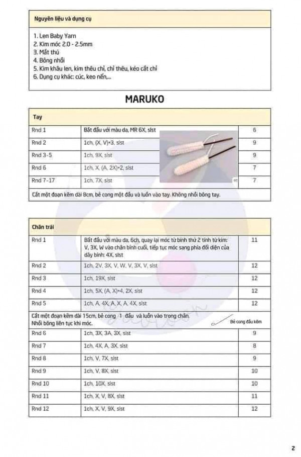 Chart móc búp bê mei and totoro girl phần nguyên liệu và dụng cụ
Tay trái, chân trái của maruko