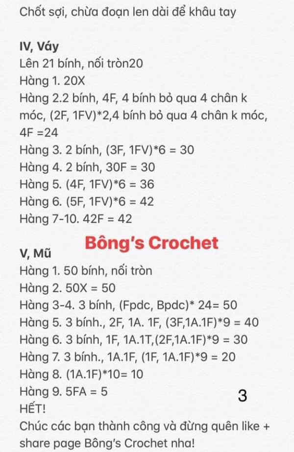 Chart móc búp bê MiSa phần váy và mũ.