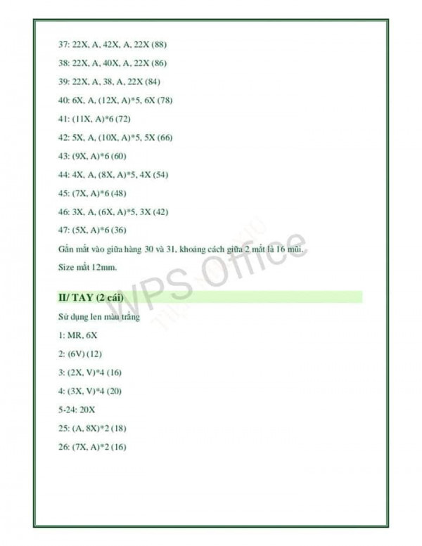 Chart móc thỏ bunny tăng size phần tay 2 cái tay.