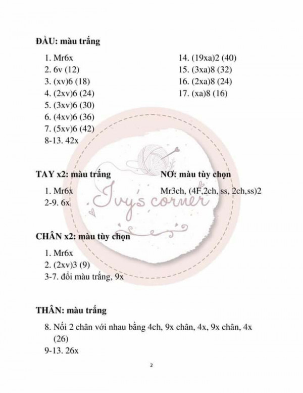 Chart móc thỏ mặc váy xòe phần đầu  màu trắng, tay 2 cái màu trắng, nơ, chân 2 cái, thân màu trắng.