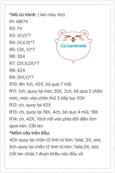 Chart móc vịt củ hành phần mũ củ hành và mầm cây trên đầu.