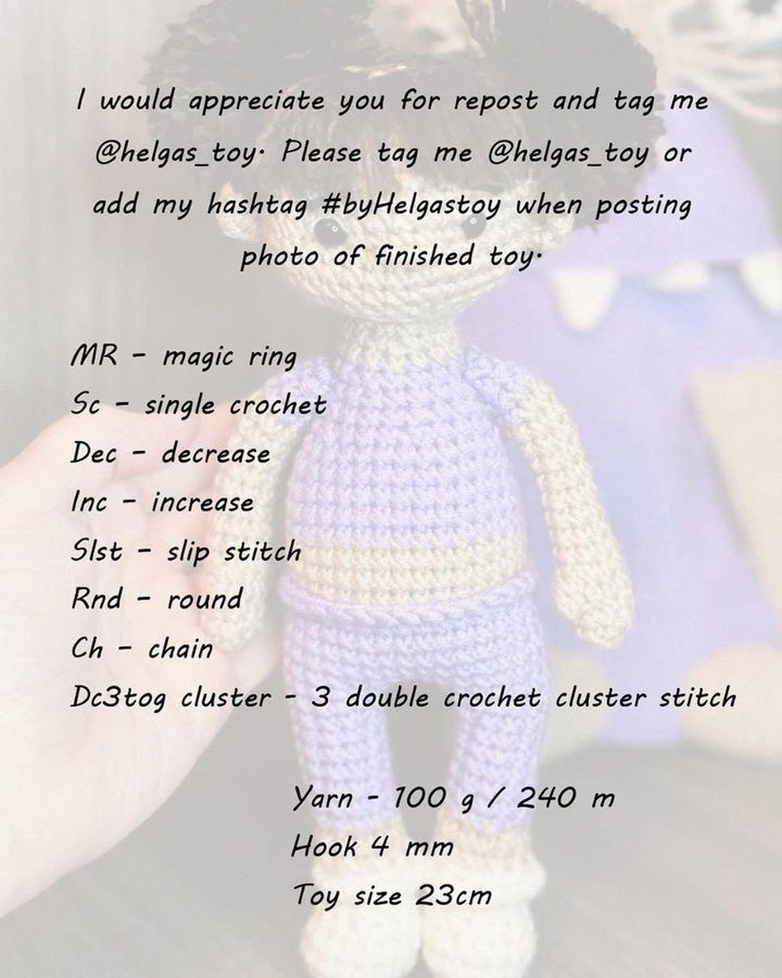 Black hair doll crochet pattern wearing purple shirt and pants