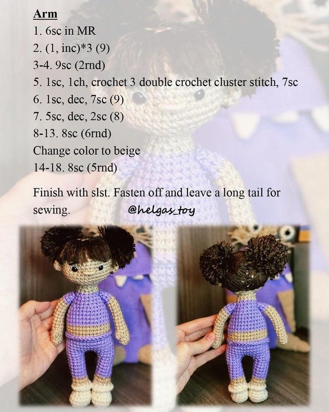 Black hair doll crochet pattern wearing purple shirt and pants