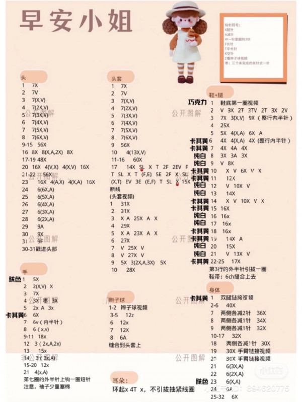 Chart móc búp bê đội mũ vàng, mặc váy buộc tóc 2 bên.