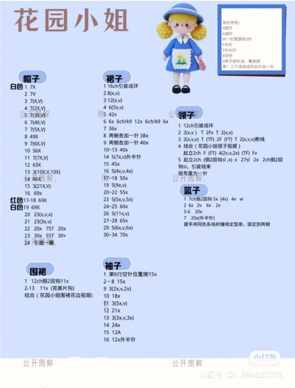 Chart móc búp bê đội mũ vàng, mặc váy buộc tóc 2 bên.