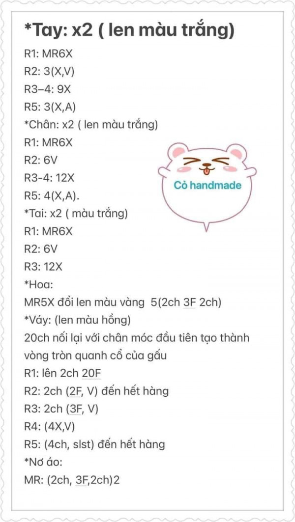 Chart móc phần tay, tai, váy, nơ, hoa.