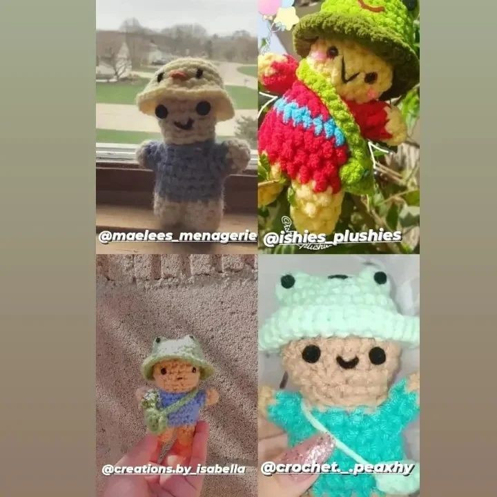 Crochet pattern bear wearing frog hat wearing blue shirt