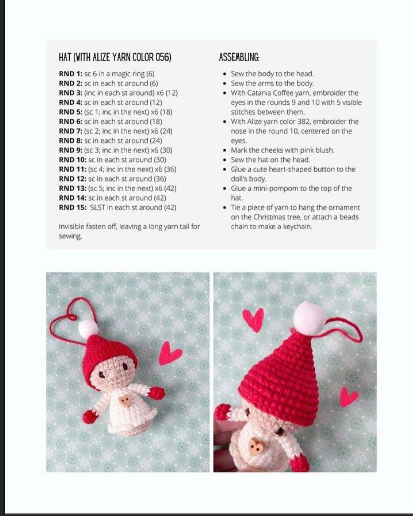 Crochet pattern for a doll wearing a white dress and a red hat.