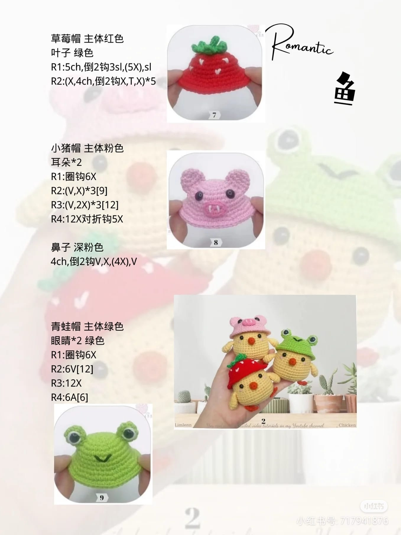 Crochet pattern of chicks wearing strawberry hats, pig hats, frog hats