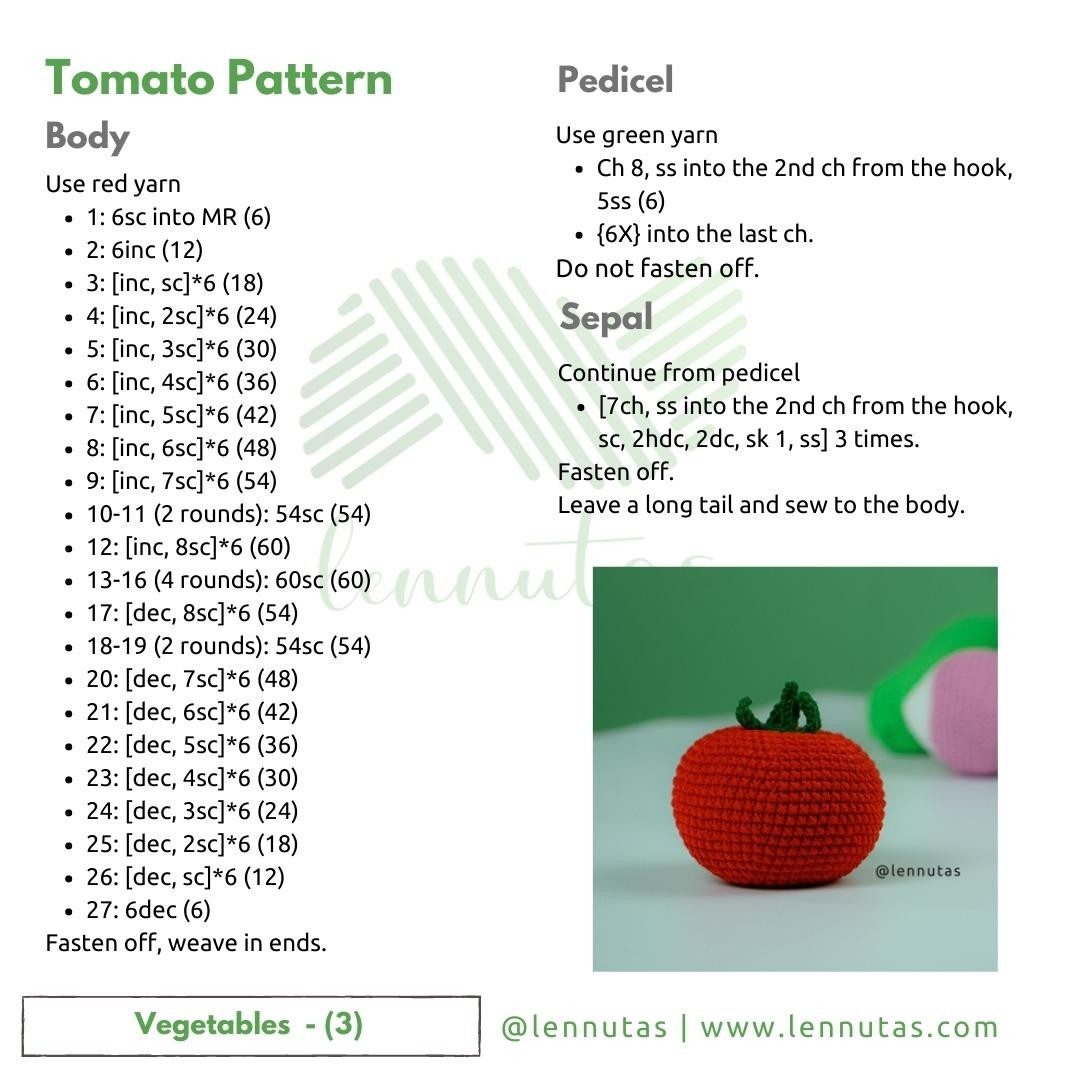 Crochet pattern of tomato, purple tuber, green melon