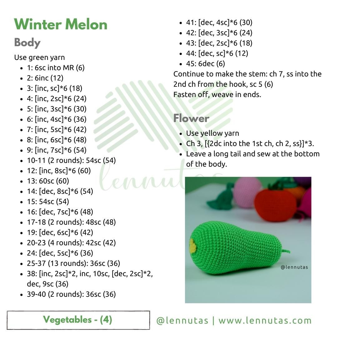 Crochet pattern of tomato, purple tuber, green melon