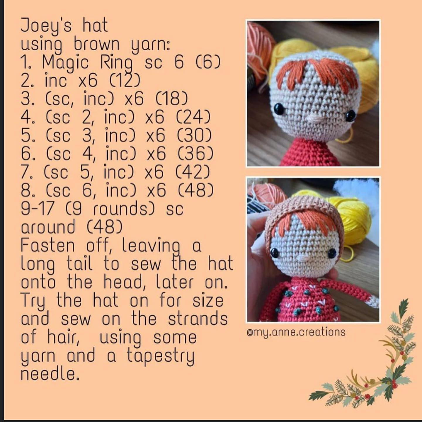 Crochet pattern red hair doll wearing deer horn hat.