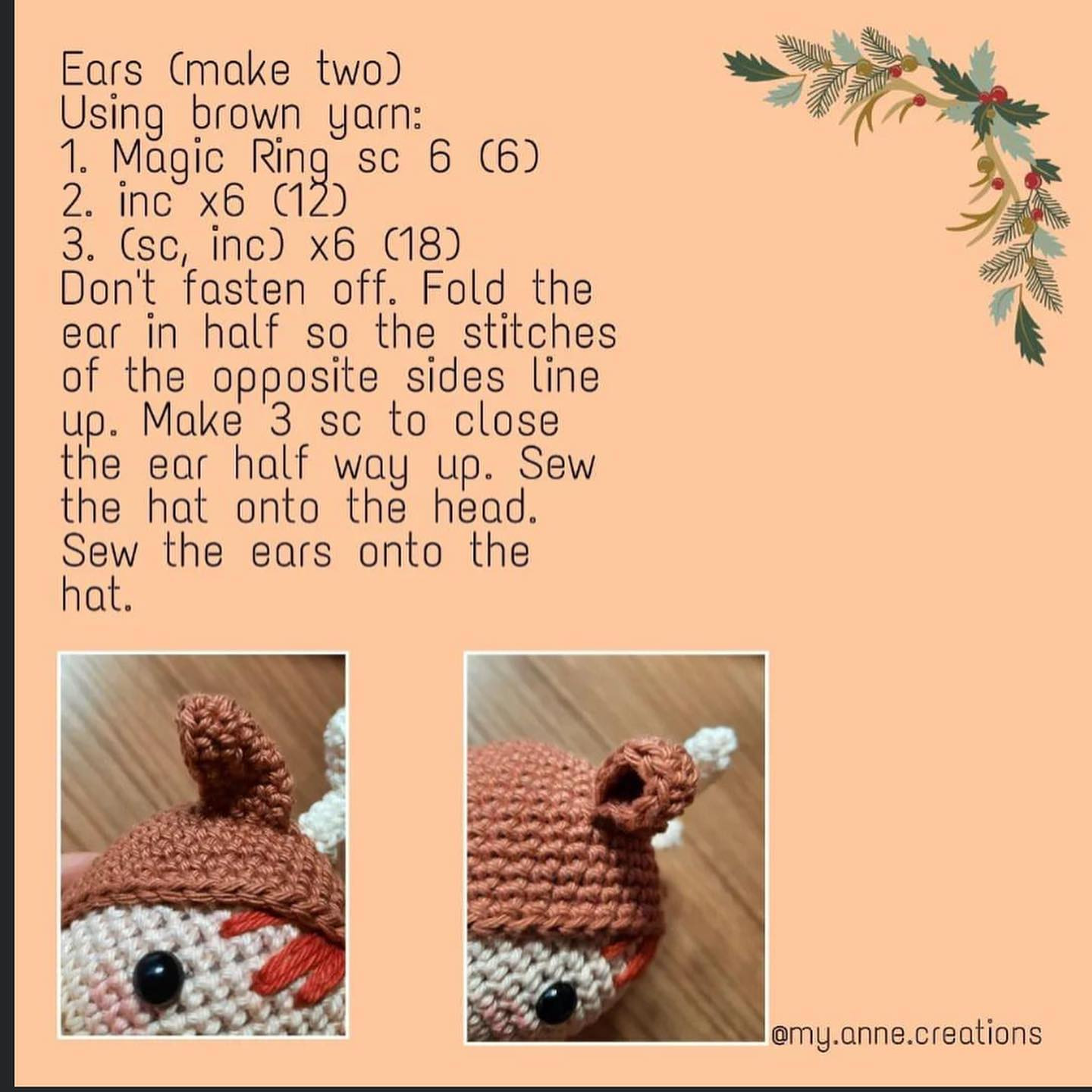 Crochet pattern red hair doll wearing deer horn hat.