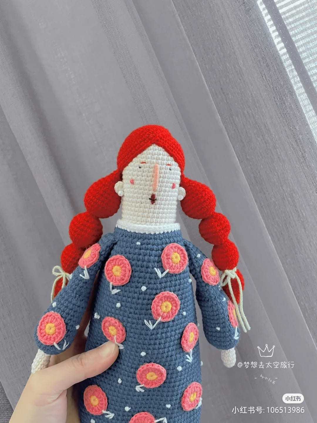 Crochet pattern red hair doll wearing green shirt