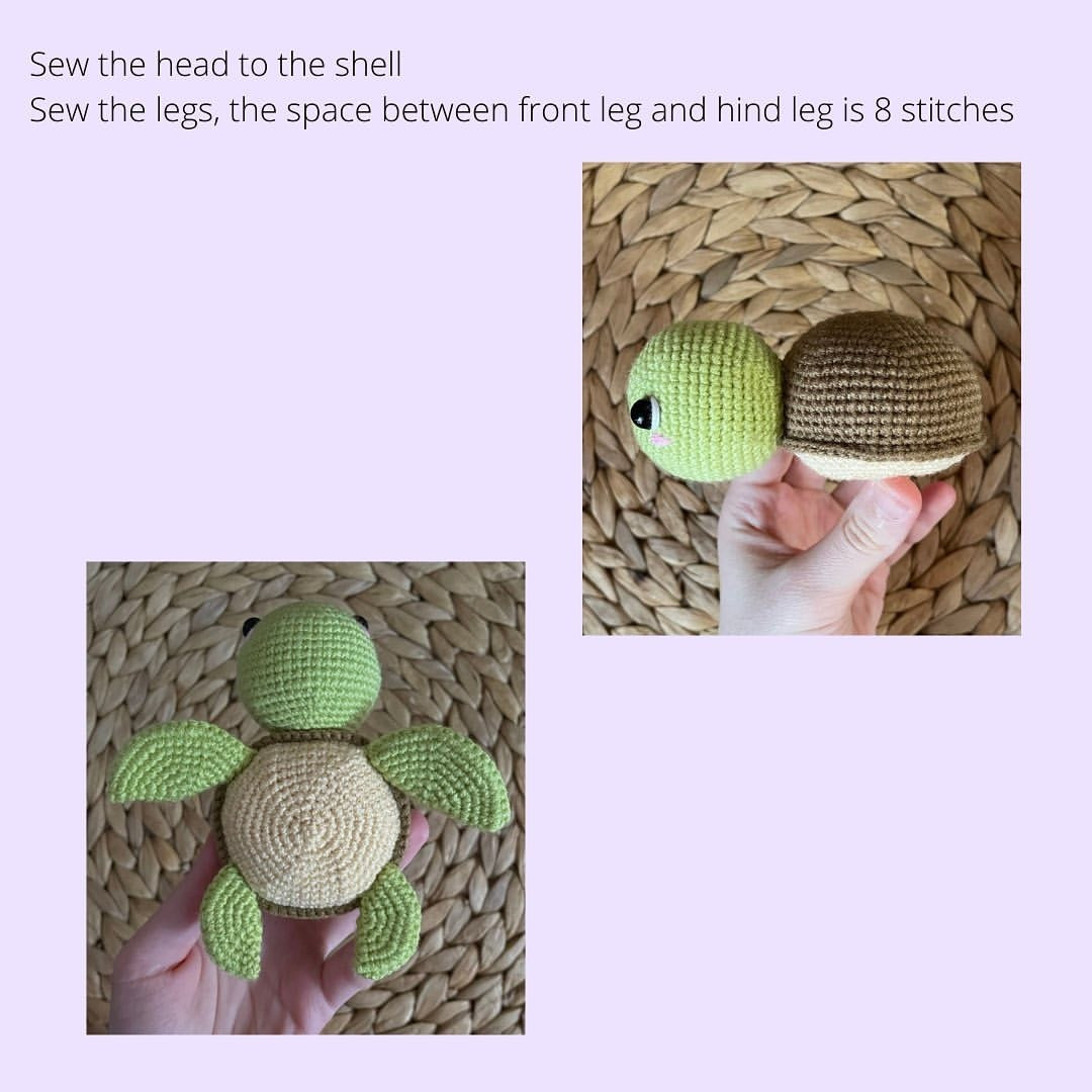 Cute turtle wool crochet pattern, brown shell with green body.