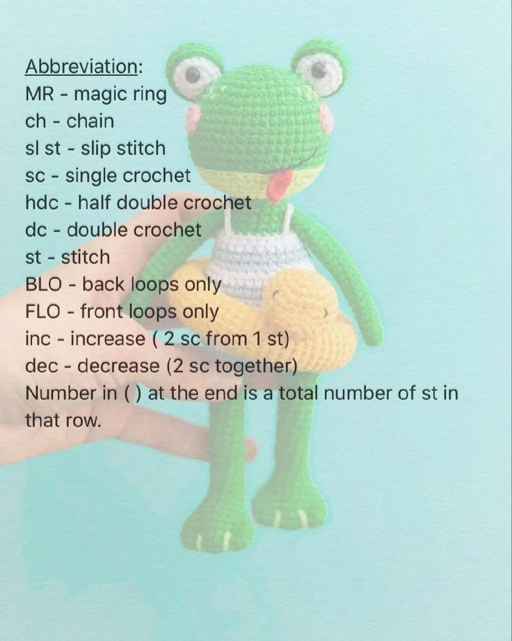 Green frog crochet pattern with bulging eyes for swimming.