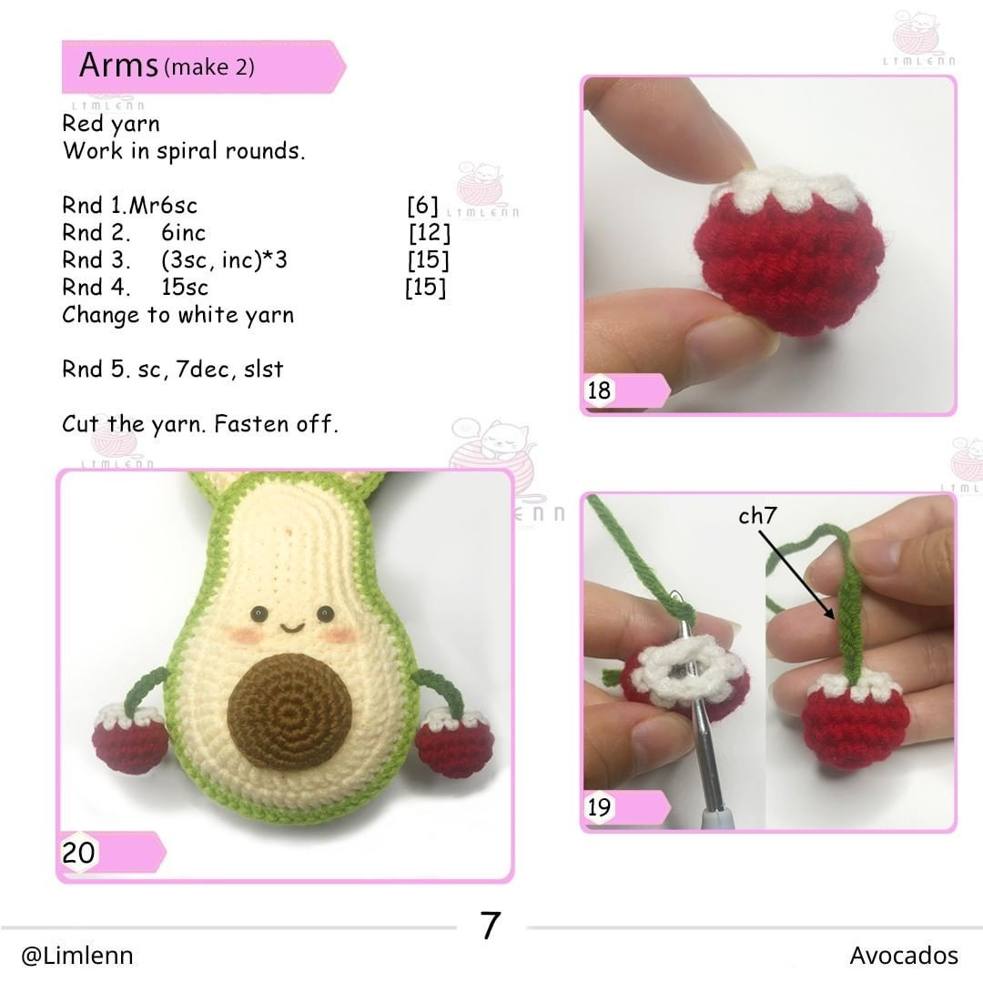 Half avocado crochet pattern with red hat and red bow