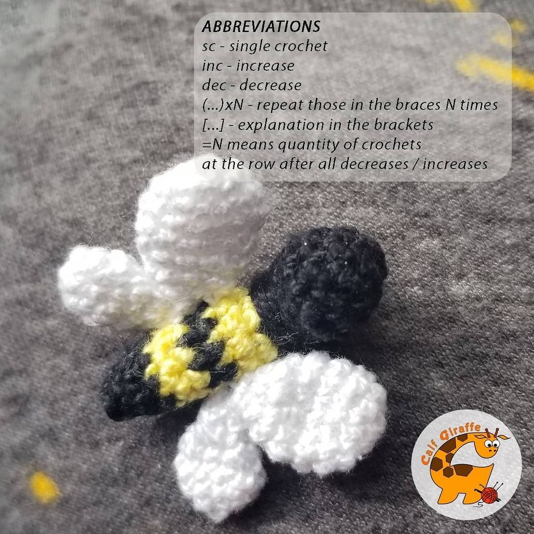 Knife crochet pattern with white wings, black and yellow stripes.