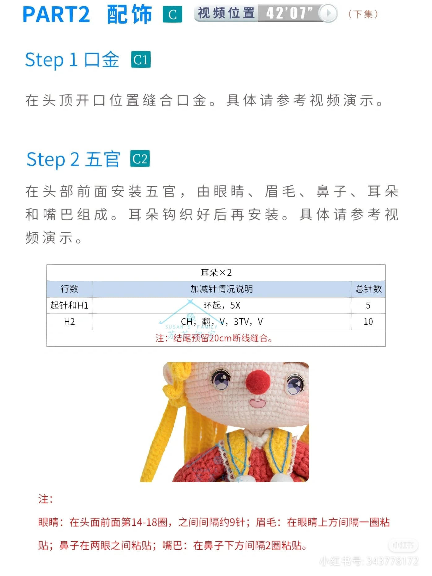 Knitting pattern in the shape of a doll with blonde hair, red shirt