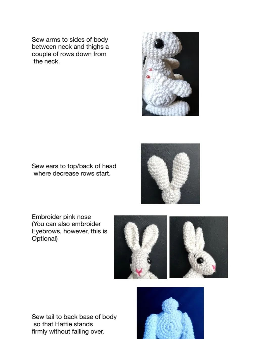 Long-eared white rabbit crochet pattern, holding a flower in the hand.