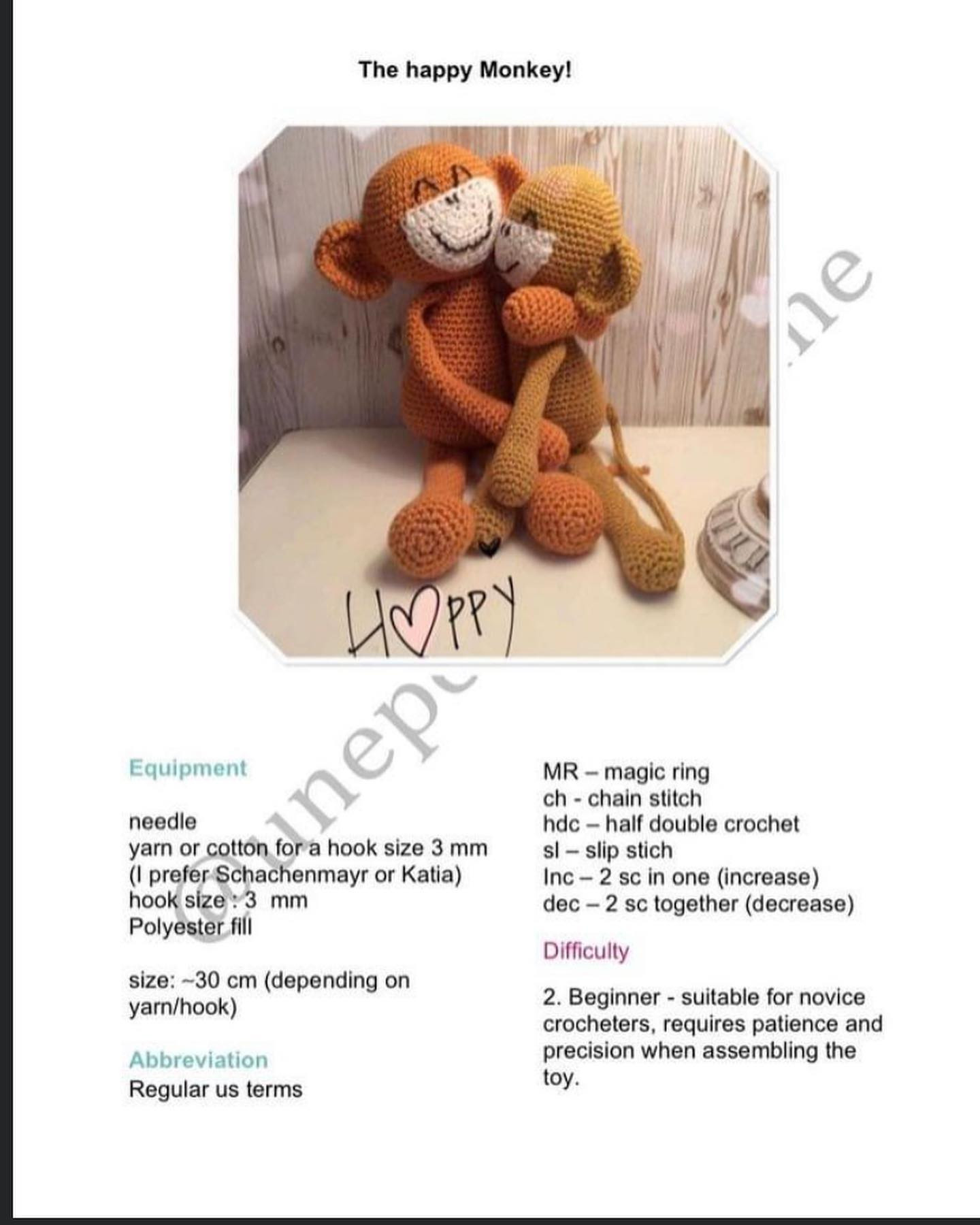 Monkey crochet pattern with big ears, long sleeves and long legs