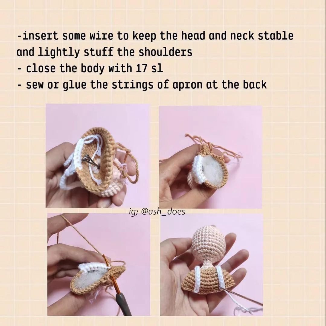 Pattern of crochet keychain for a blonde girl with a brown hat