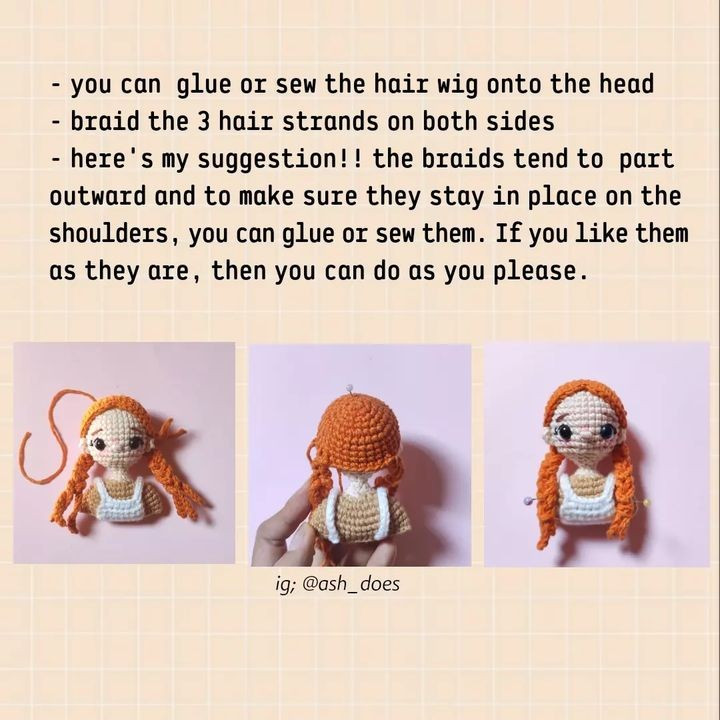 Pattern of crochet keychain for a blonde girl with a brown hat