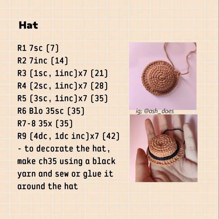 Pattern of crochet keychain for a blonde girl with a brown hat