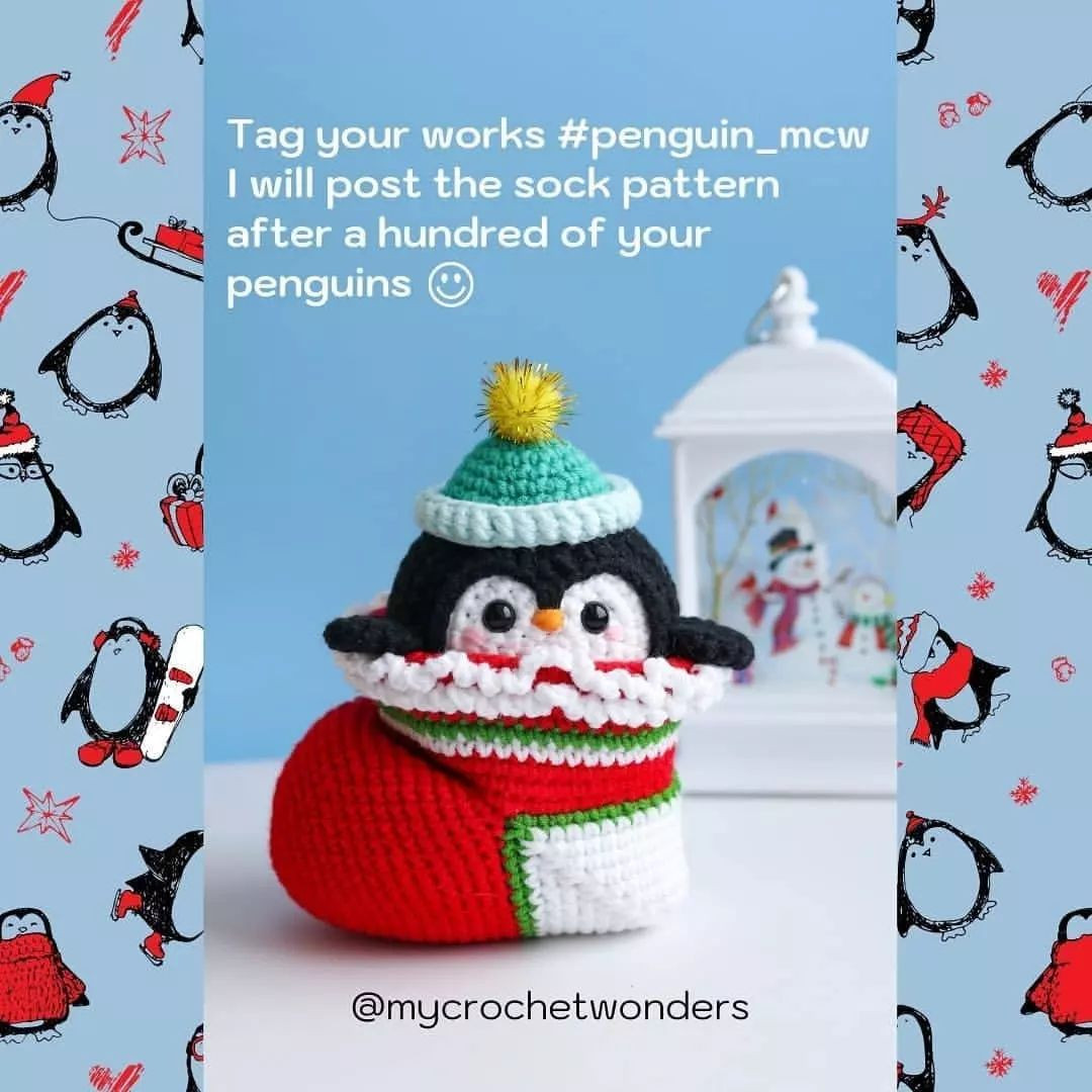 Penguin crochet pattern wearing blue hat.