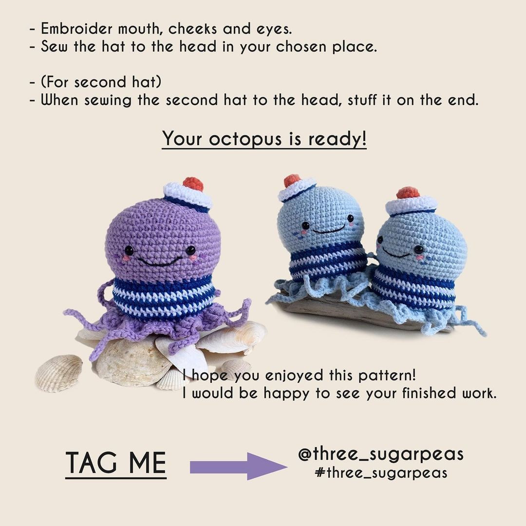 Purple octopus crochet pattern with hat.